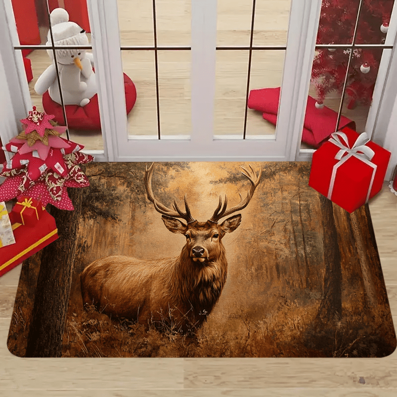 

1 tapis de porte en polyester, motif majestueux de forêt de cerfs, grand avec des bois robustes, décoration de Noël pour pour à coucher, , , , lavable en machine