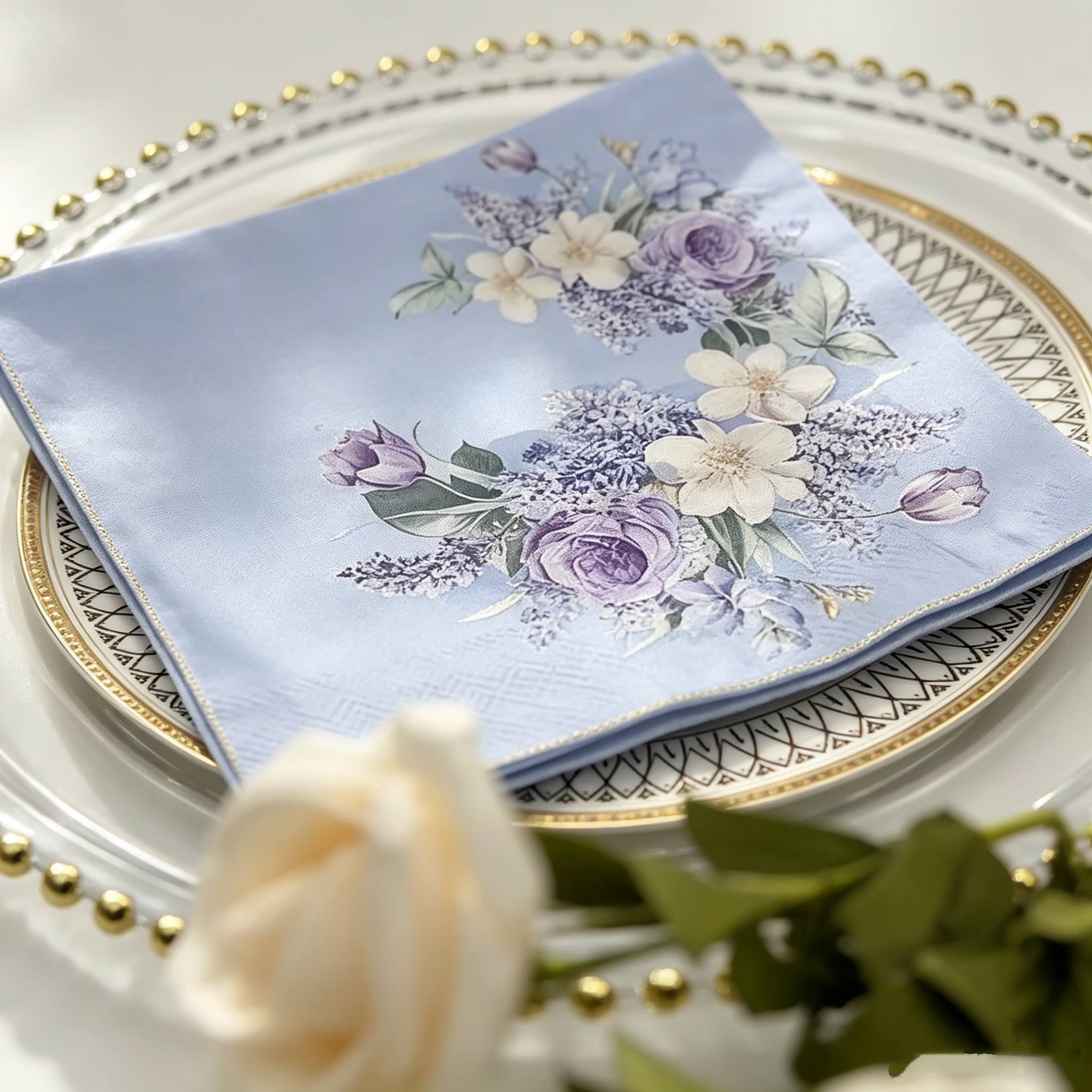 TEMU 10 Sets/soft Light Blue-purple Rose Floral Disposable Napkins, Decorative Printed Paper Guest Napkins, Suitable For Wedding Banquets, Parties,