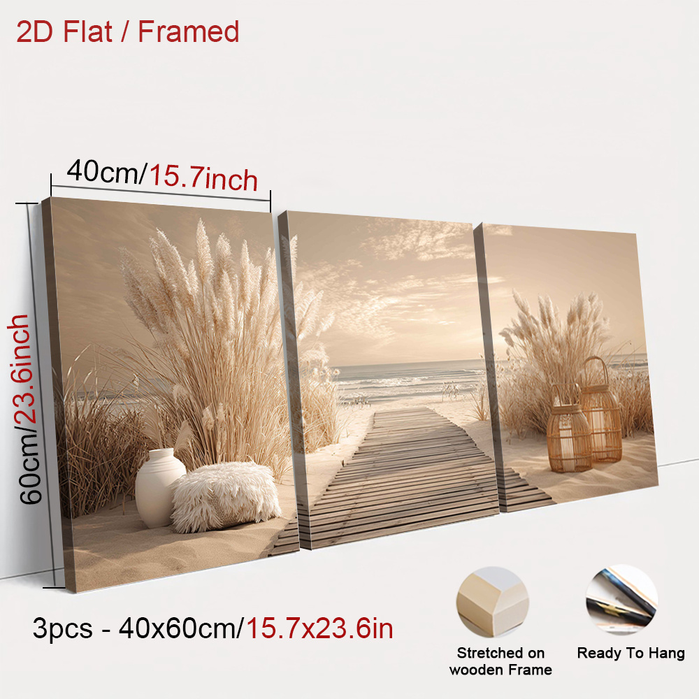 TEMU 2d Flat, 2d Flat, 3pcs Framed Beach Poster Prints, Wall Art, Coastal Canvas Paintings, Classic Wall Decor, Retro Decorations Posters, , Home