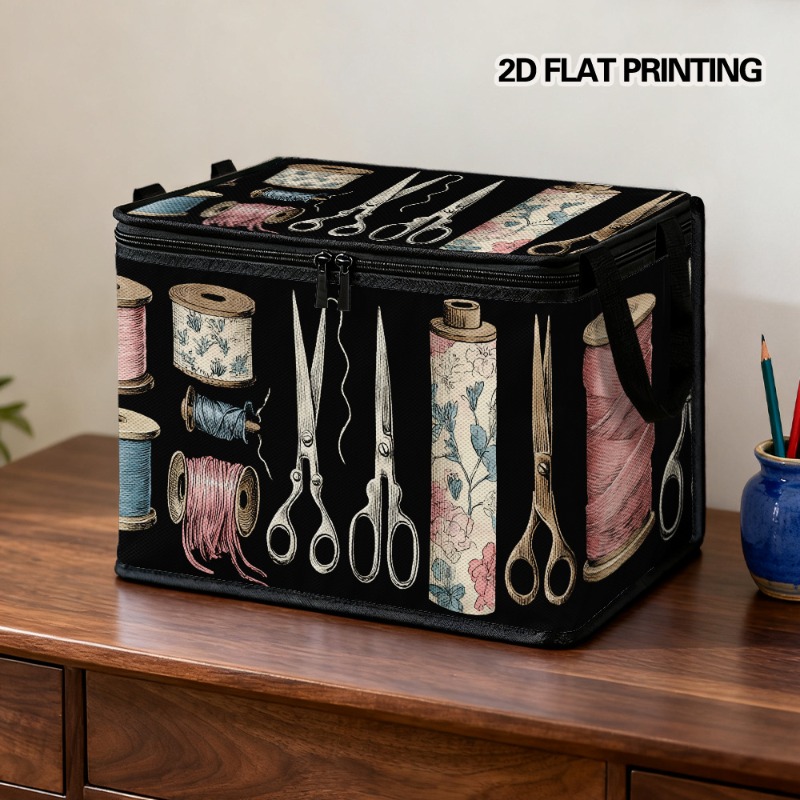 TEMU 1pc 2d Flat Printed Storage Box With Lid Featuring A Sewing Tools Pattern, Made Of Soft Fabric With Large Capacity. Ideal For Laundry Room Use,