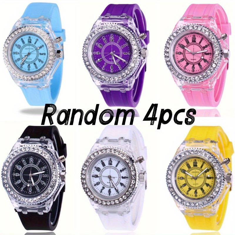 TEMU 4pcs Random Color Luminous Led Fashion Trend Male And Female Couple Jelly Quartz Watch Birthday Christmas New Year Gifts