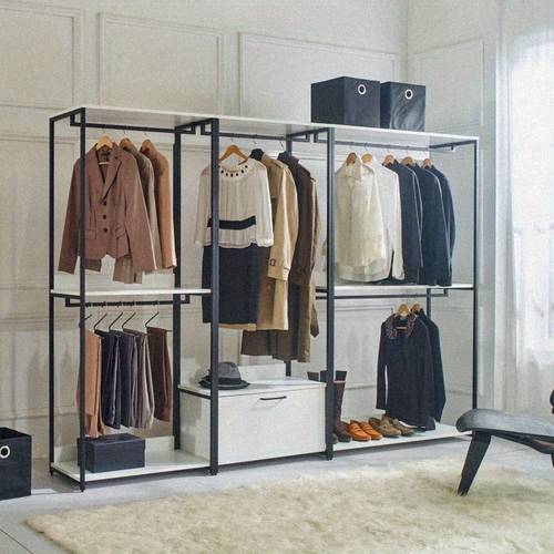 white freestanding system with metal frame wood shelves multi tier customizable storage organizer for clothes space saving design for bedroom closet small spaces bedroom organization sleek material