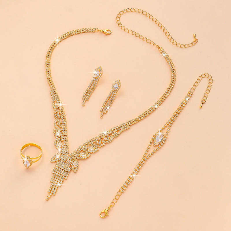 TEMU Light Luxury Golden Tassel Jewelry Four-piece Set, Shining Necklace, Earrings, Ring, And Bracelet, Bridal Jewelry For Weddings, Dinner Parties,