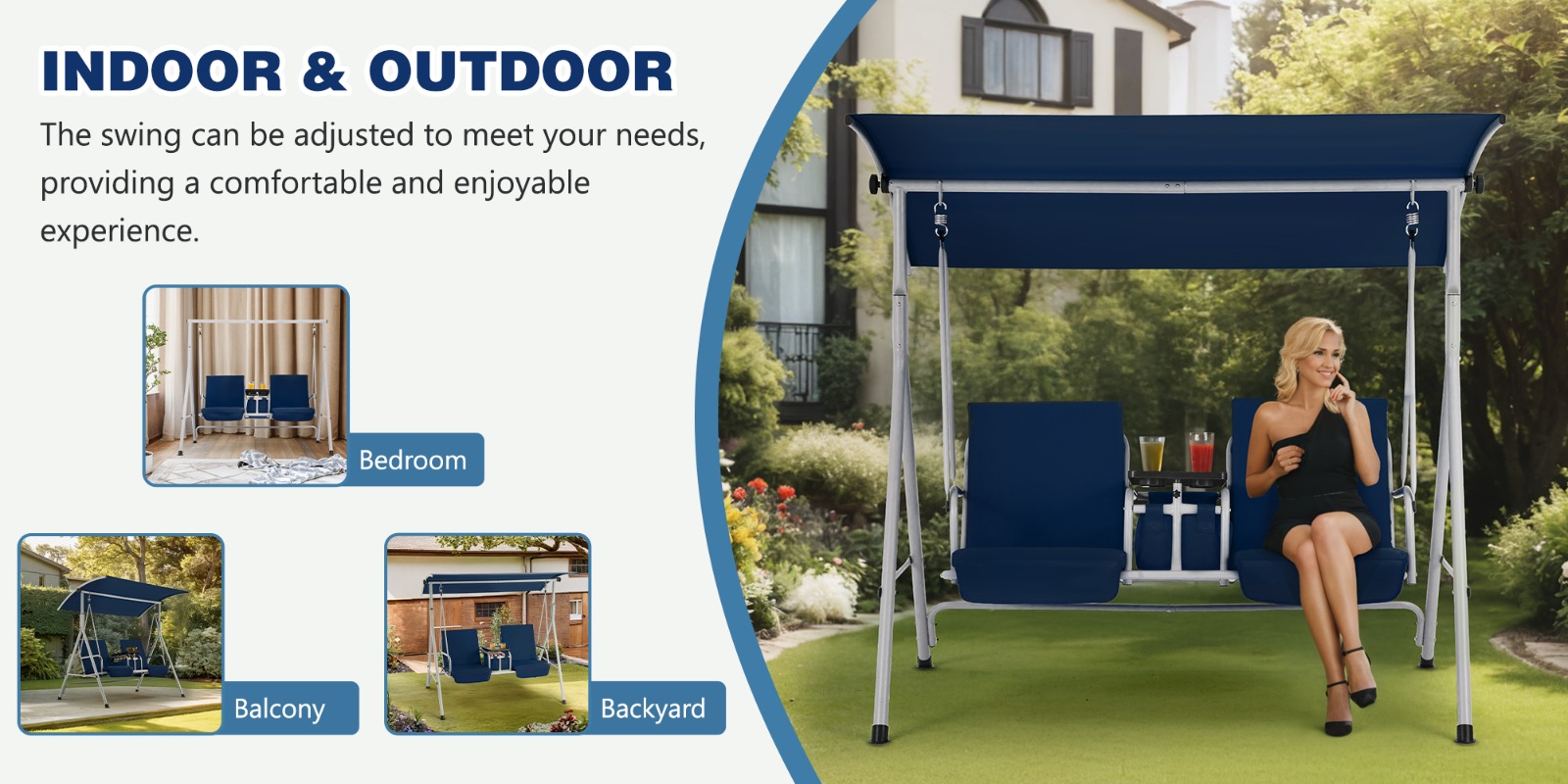 2-Seat Patio Porch Swing with Stand, Outdoor Swing Chair with Adjustable Canopy & Cup Holders for Backyard, Garden & Deck