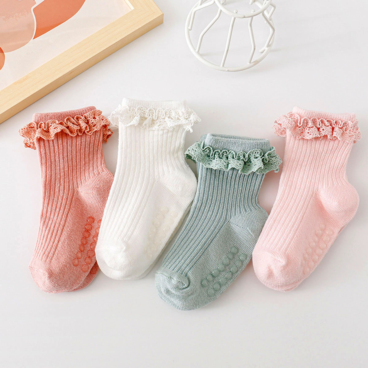 Image of 4 Pairs Of Children's Spring And Autumn Non-slip Socks, Girls' Solid Color Lace Socks, Baby Floor Socks, Toddler Socks That Worn In , Birthday Gifts For Babies, Valentine's Day Gifts