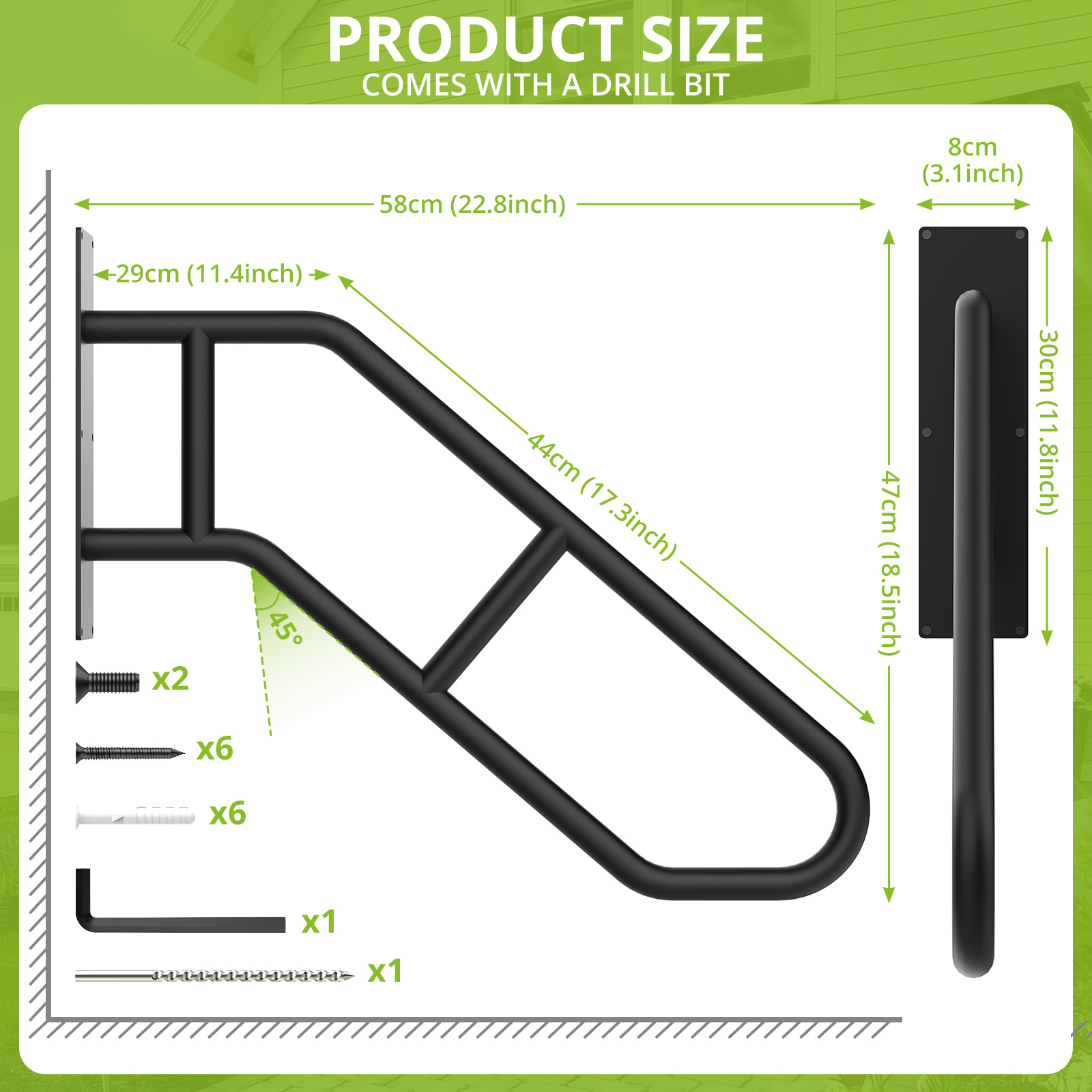 Wall Mounted Stair Handrail 58cm 66cm U-shaped Metal Safety Rail For Steps Ideal For Patio Porch And Entryway In Black