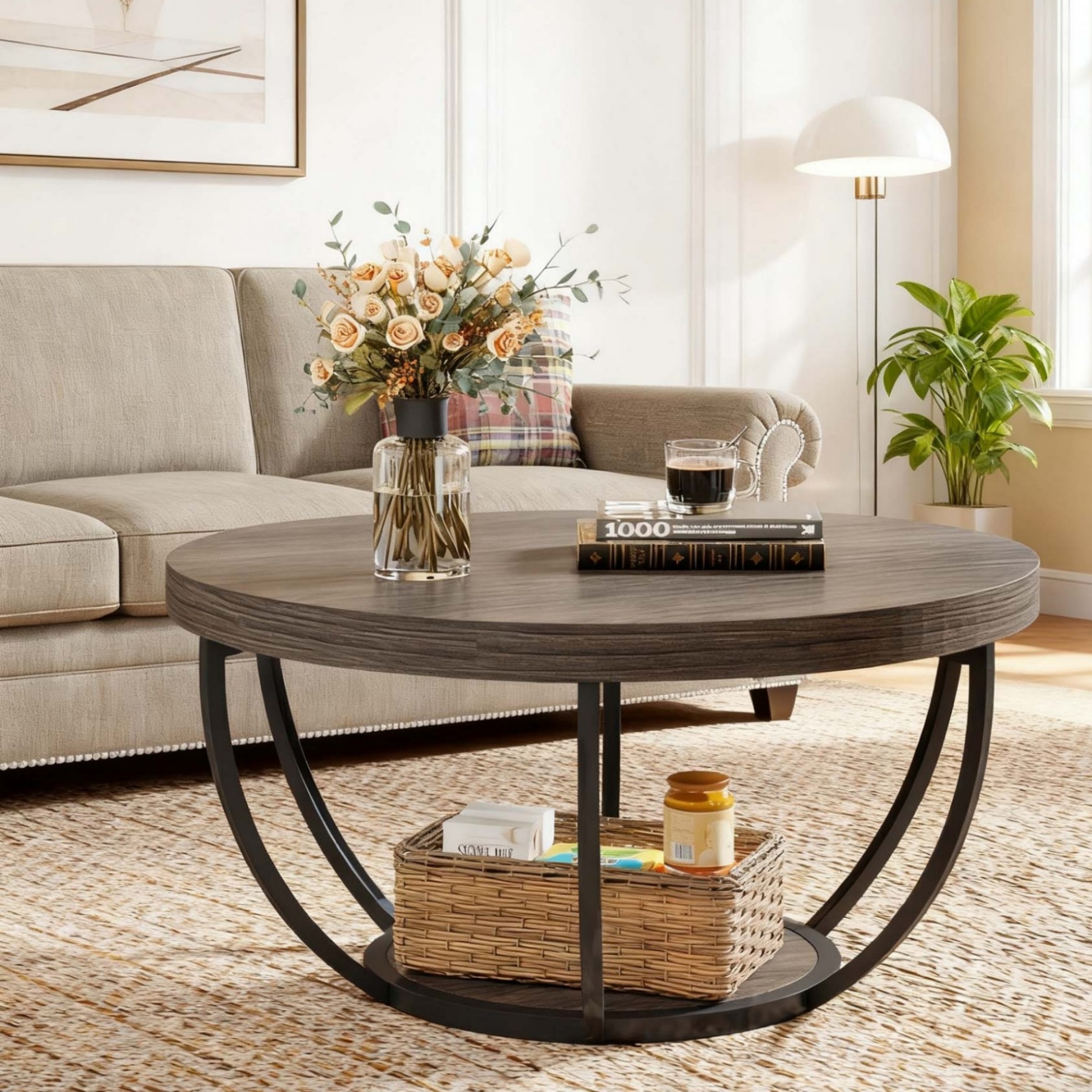 Image of 32-inch Round Modern Industrial Coffee Table With 2-tier Open Storage Shelf - Space-saving Suitable For Living Room, Wood &, Grey/black, Assembly Center Table For Home Office Accent Piece