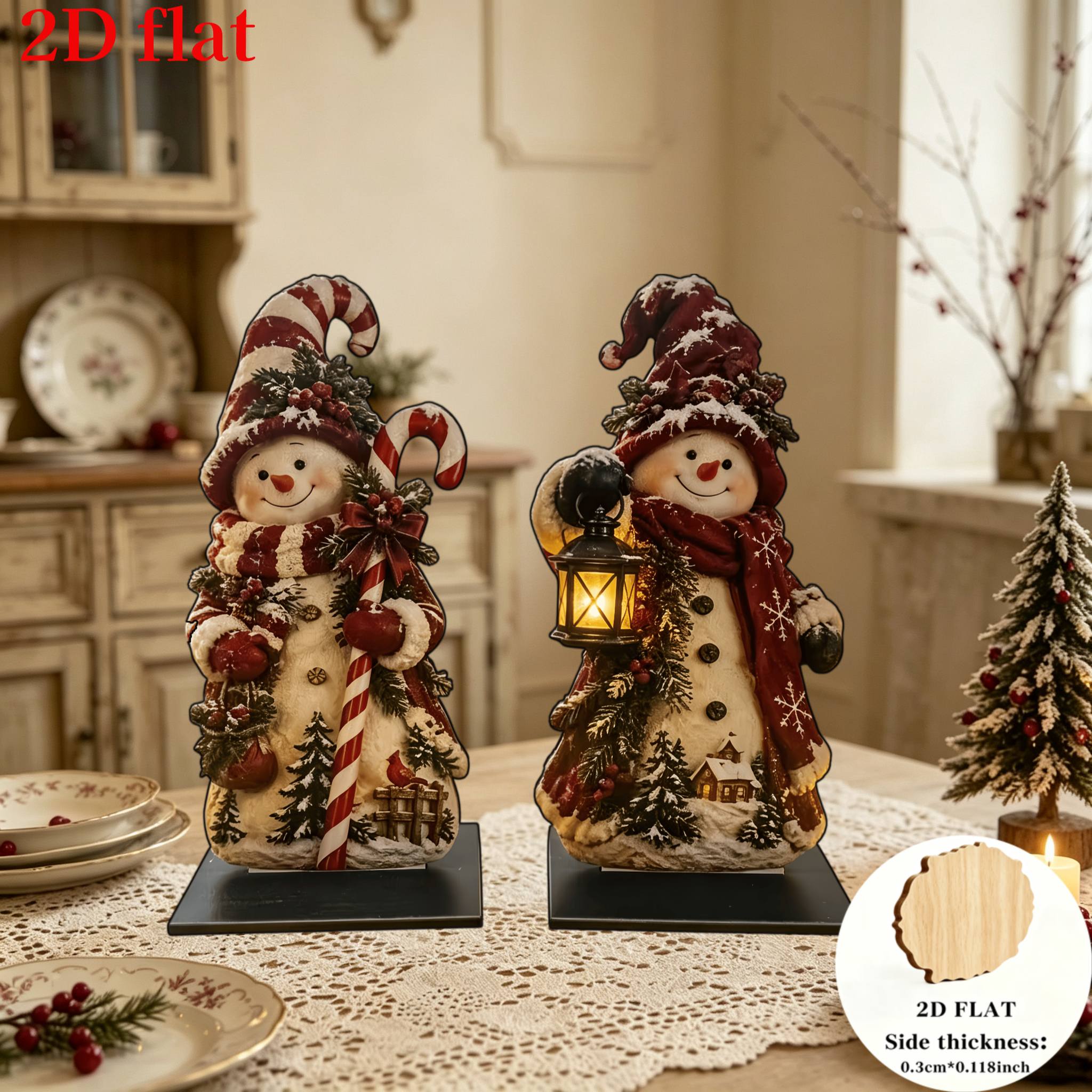 TEMU 2d Flat, 2pcs Christmas Snowman Ornaments. Retro Christmas Atmosphere Is Ideal For Holiday Decorations, Window Displays, And Tabletop Scenes.