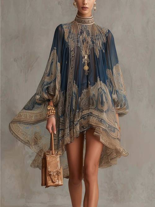 bohemian vintage baroque paisley print high low dress women mock neck balloon sleeve asymmetrical swing dress vacation music festival party holiday loose fit oversized tunic mini dress
