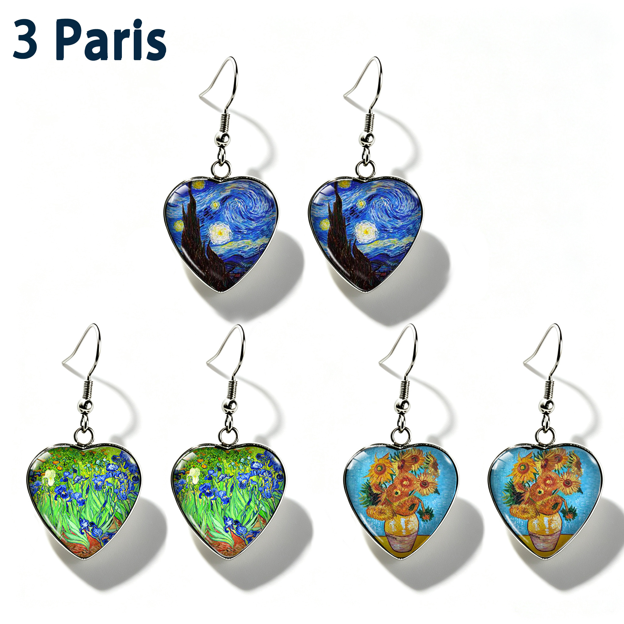 TEMU Lot de 3 paires de boucles d'oreilles pendantes de cœur avec Time en acier inoxydable, boucles d'oreilles pendantes de cœur avec peintures