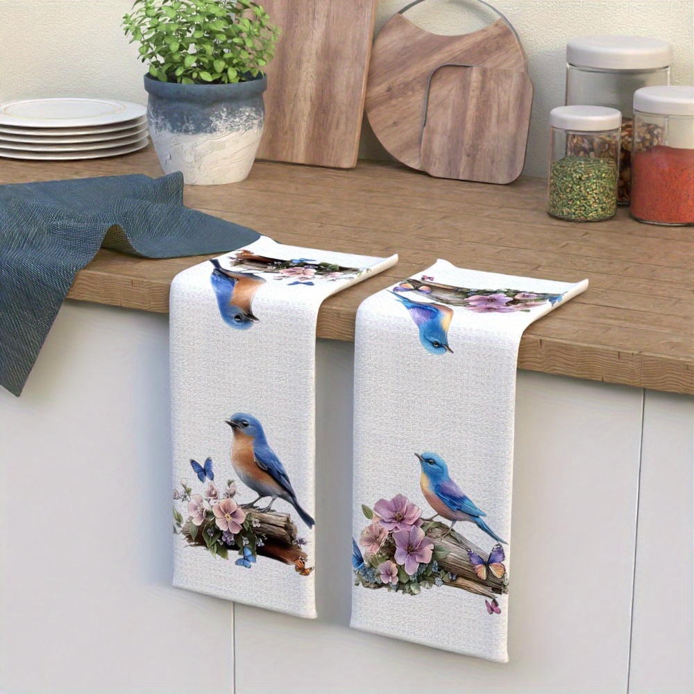 Seliem Spring Summer Kitchen Dish Towels Set Of 2 - Bluebird & Lavender Floral Design, 18"x26" Absorbent Cloths