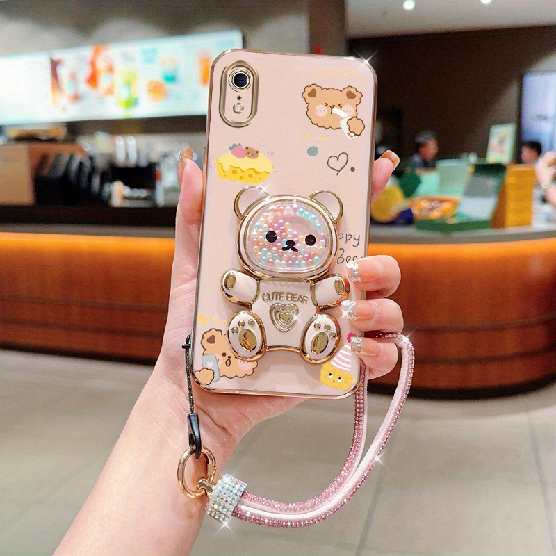 TEMU Cute Bear Phone Holder Case With A Diamond Glitter Wrist Strap, Designed For Iphone Xr, Serving As A Stand Back