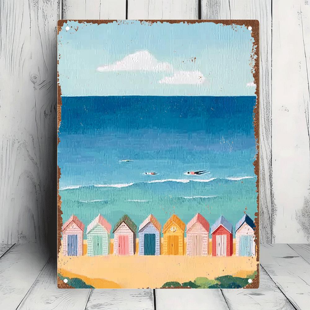 TEMU 2d Flat, 1pc Vintage Beach Wall Art - Colorful Seaside Cottages & Ocean Waves Metal Sign, Retro Coastal Decor Suitable For Home, Bar, Cafe, For