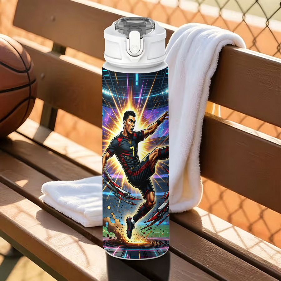 TEMU 1-pack 25oz (750ml) Lidded Water Tumbler, 2d Printed Reusable Drinking Cup With Pop-up Lid, Featuring A Dynamic Soccer Star In Jersey Swinging A