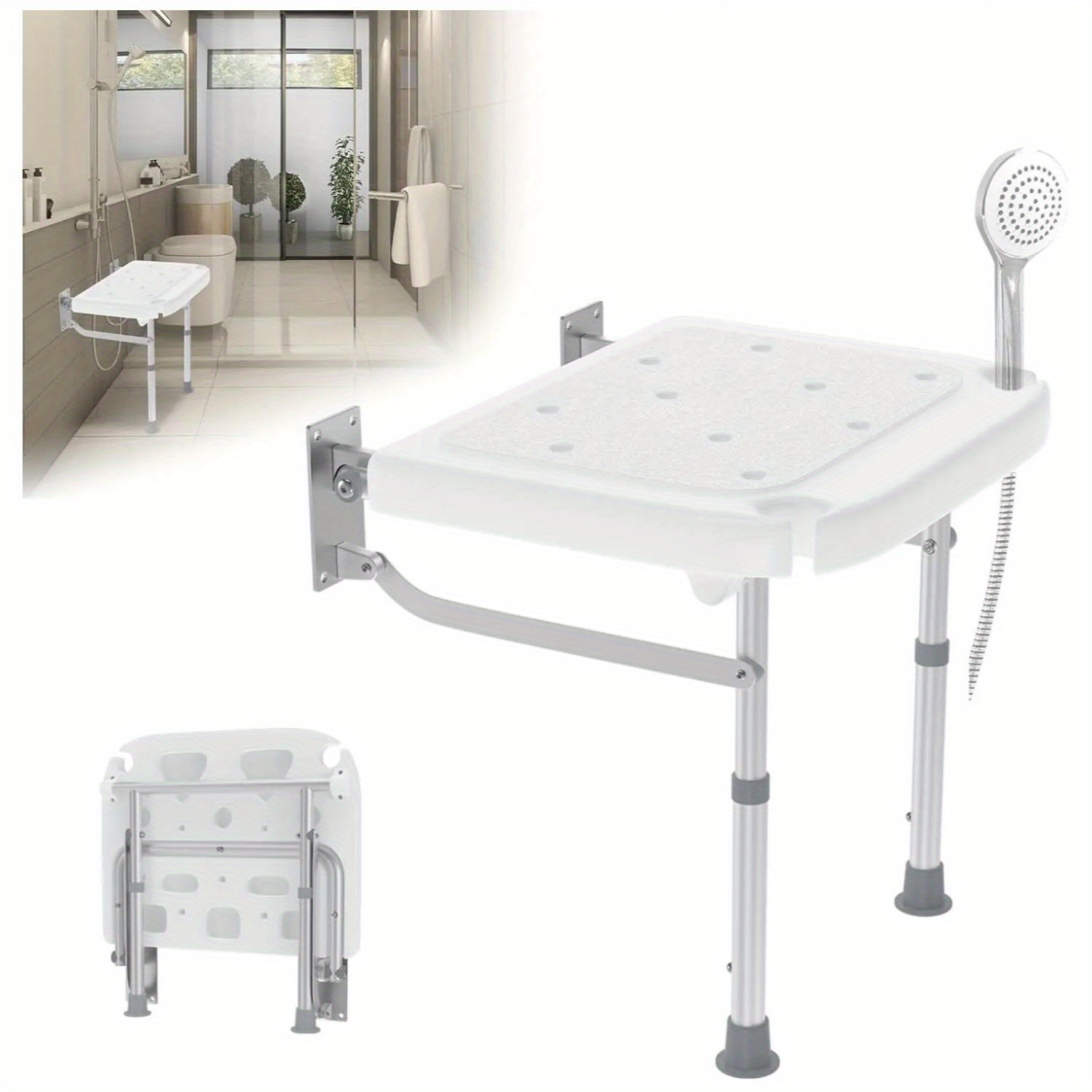 TEMU Seggiolino doccia pieghevole per montaggio a parete, seggiolino doccia, sgabello da bagno pieghevole, regolabile in altezza per anziani, donne