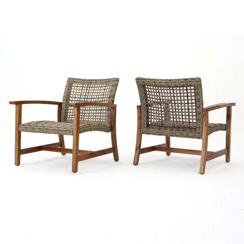Outdoor Acacia Wood Wicker Club Chairs with Acacia Wood Frame, 2pcs Set