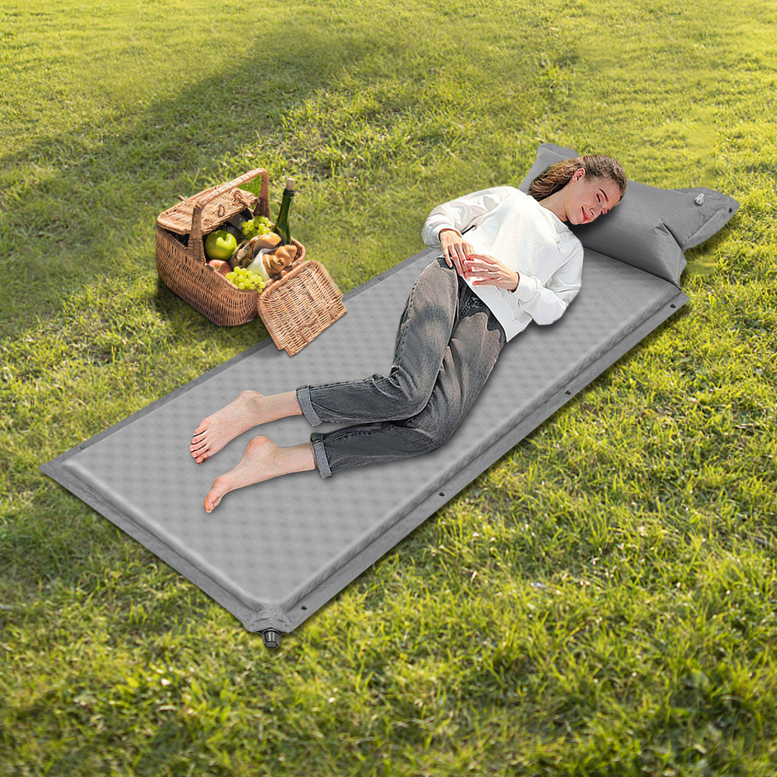Image of Gray Inflatable Sleeping Pad For Camping, Self-inflating Mattress With Pillow, Quick Setup Outdoor Leisure Pad For Hiking And Backpacking