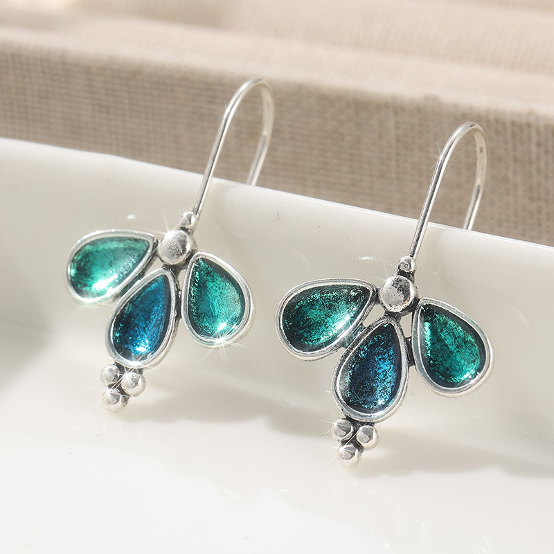 TEMU Vintage Long Silvery Color Earrings, Blue And Green Enamel Earrings, Bohemian Dangle Earrings, Handmade Jewelry