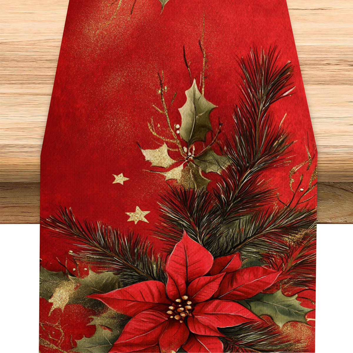 

1pc Christmas Table Runner - Woven Polyester Square Table Flag With Poinsettia And Pine Branch Design For Dining, Guest, And Coffee Table Decor