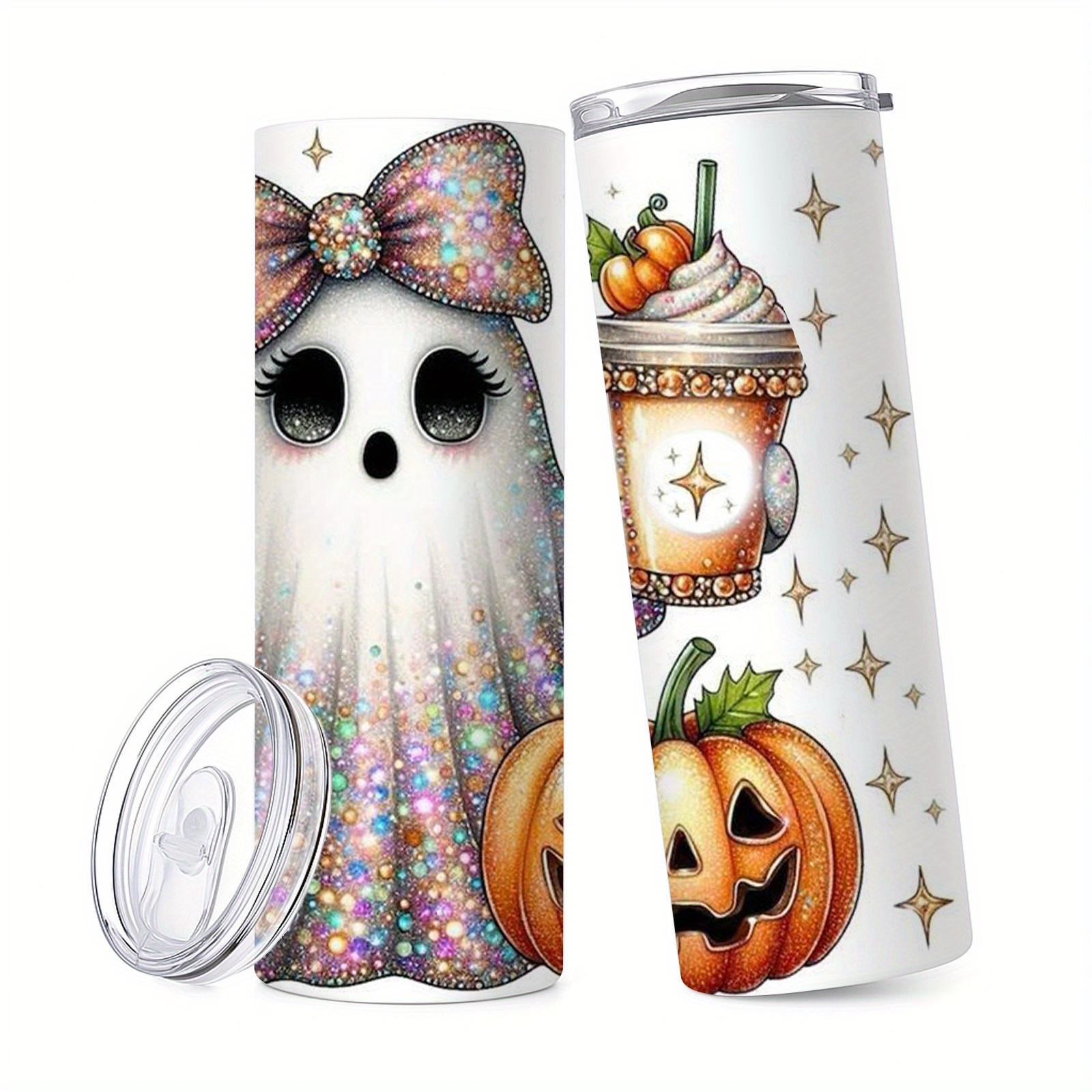 TEMU 1pc 20oz "glitter & Pumpkin" Stainless Steel Tumbler With Lid And Straw, Hot For 12h, Cold For 24h. Sparkly , Pumpkin, And Whipped Drink.