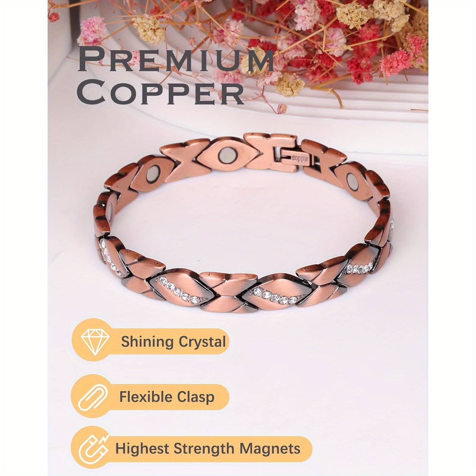 Boho Style Magnetic Bracelet & Red Copper Bangle Set with Crystal Mosaic