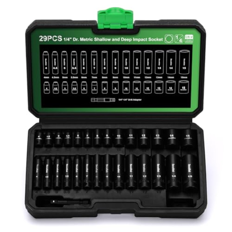 29pcs 1 4 inch drive shallow and   point impact socket set cr v 4 15mm metric 1 4 1 4 drill adapter