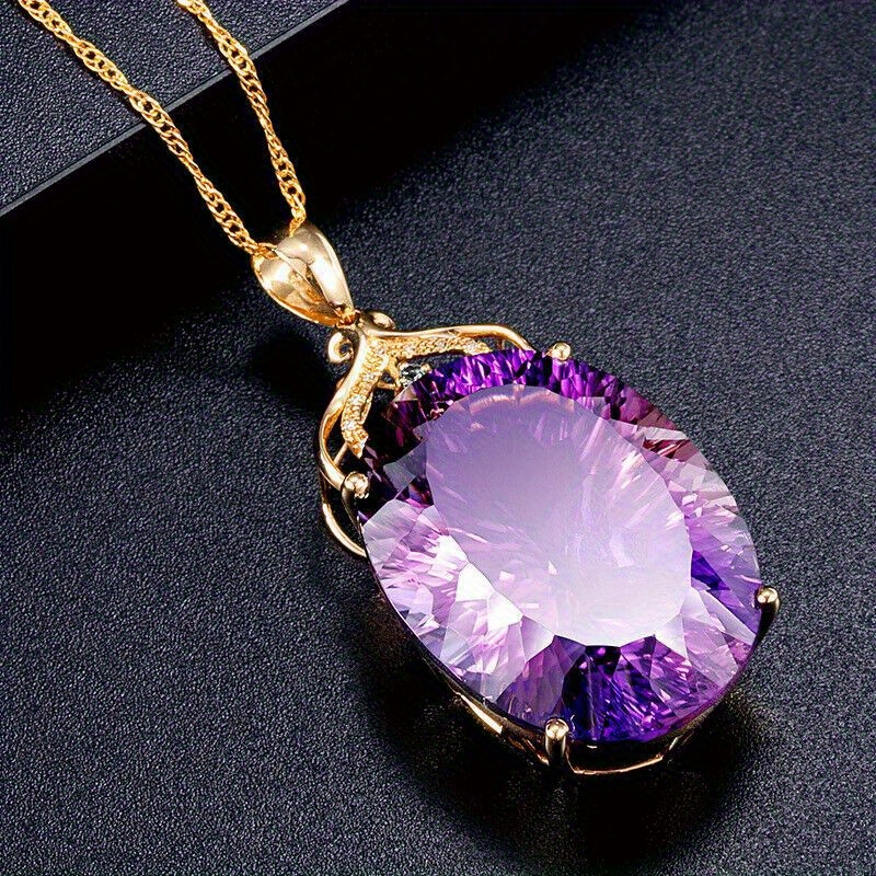 Image of Luxury Style Inlaid Purple Synthetic Zirconia Oval Pendant Necklace For Women Banquets Parties High-quality Jewelry Daily Vacations Vintage Necklaces Exquisite Anniversary Gifts