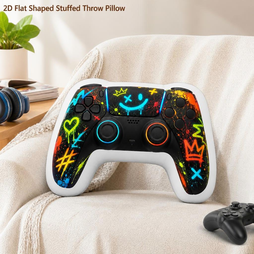 TEMU 1pc Graffiti Gaming Controller Street Art Neon 2d Flat Printing Shaped Stuffed Throw Pillow, Home Decor And Holiday Gifts