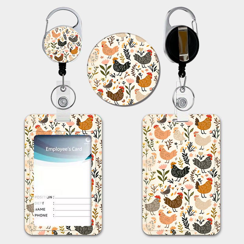 TEMU Ensemble porte-cartes d'identité personnalisé de style champêtre avec motif de et de fleurs, motif de dessin animé, avec cordon rétractable et