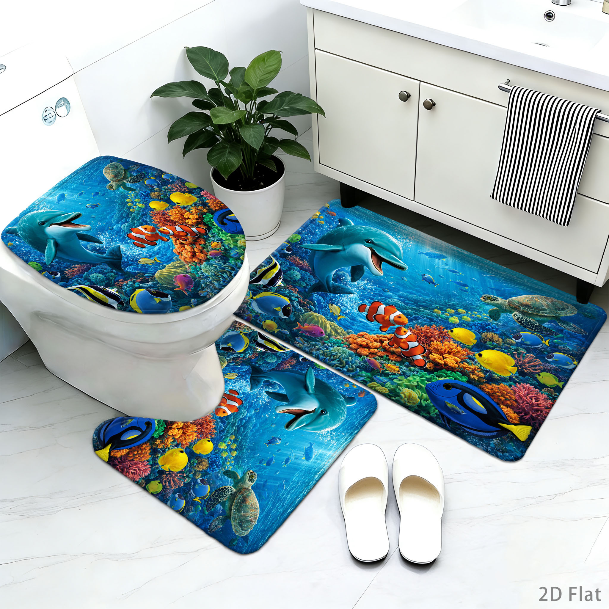 TEMU Ensemble de tapis de bain antidérapants 2D plats, 2D plats, 2D plats 3/4 pièces, avec un et un poisson clown nageant ensemble, tapis absorbant