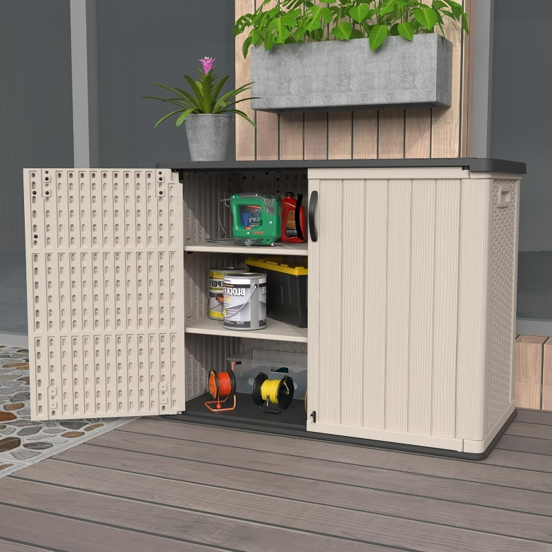 26 Cubic Feet Plastic Outdoor Storage Shed That Is Lockable And Waterproof, Designed for Storing Garden Tools, Garbage Cans, And Pool Supplies, Beige Color, Shelves Not Included