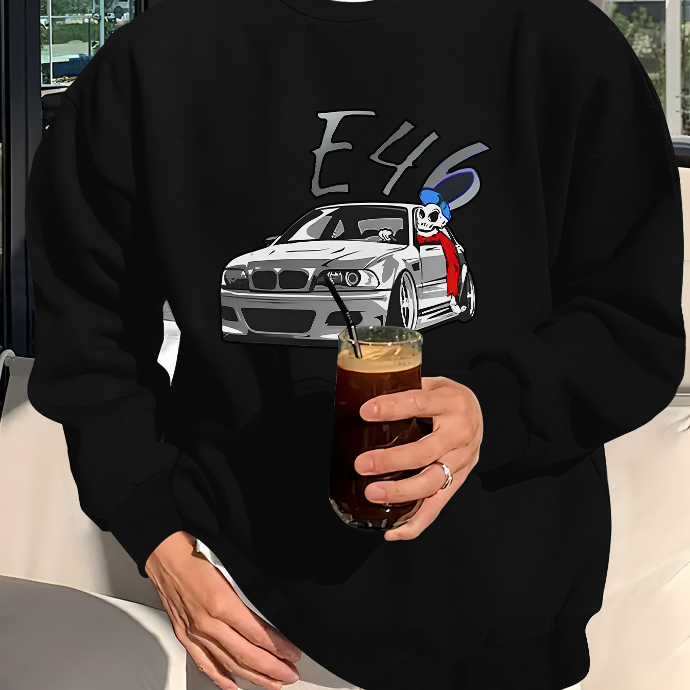 

Men's Casual Graphic Sweatshirt With Car Print - Stretchy, Round Neck Pullover For Fall & Spring