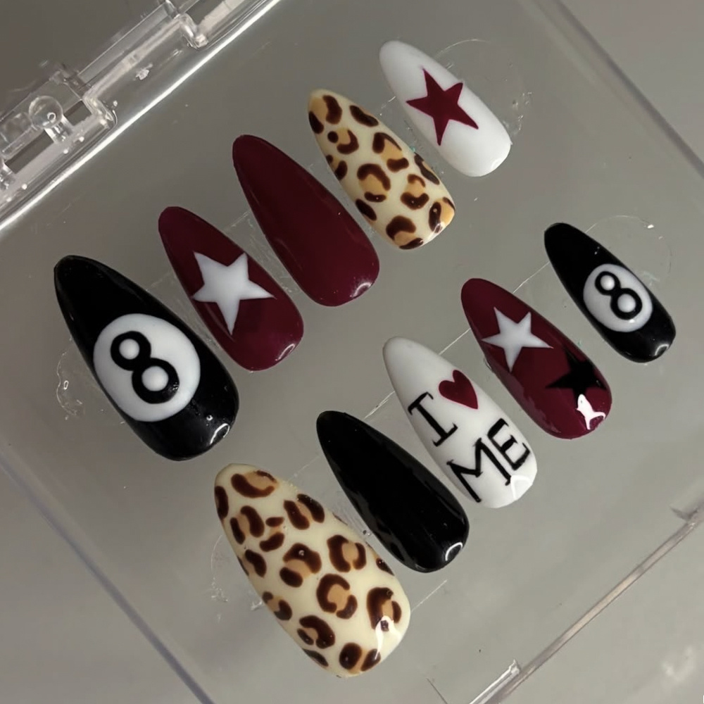 TEMU 24pcs Wine Red 8 Billiard Leopard Press-on Nails Long Almond Nails Retro Hot Removable False Nails