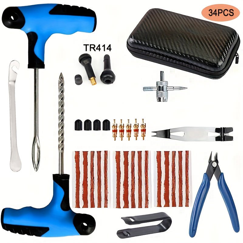 Image of Tire Repair Kit 34pcs Heavy Duty Bundle, Emergency Puncture Fixing Set For /motorcycle/truck- With Rubber Strips, Tr414 Valves, Tire Thickness Gauge, Valve Tools(tire Changer Included)| Choose Size