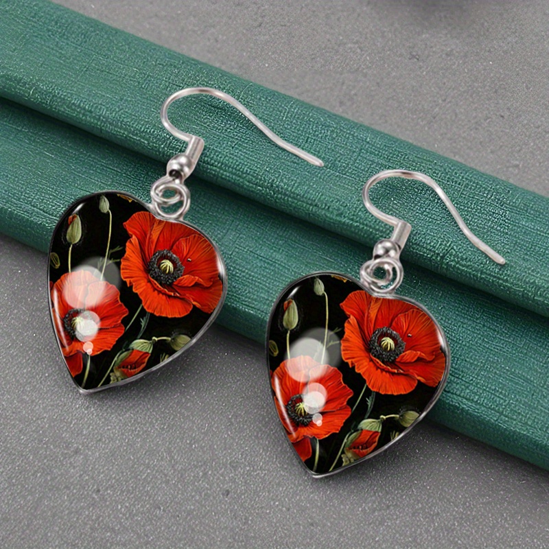 1 Pair Red Poppies Dangle Earrings Heart-shaped Earrings