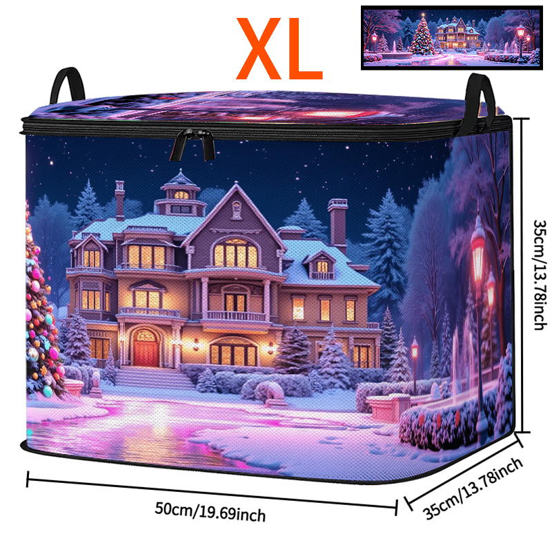 TEMU 2d Flat Upgraded Large-capacity Storage Organizer, Christmas Night Scene, Villa And Tree - Seasonal Clothing, Bedding, And Pillow Storage