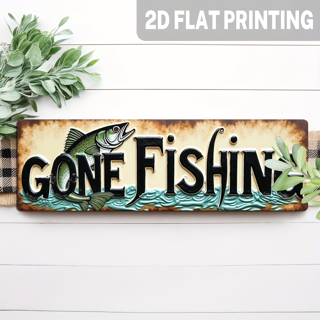 TEMU Panneau Plat 2D - Un simple panneau en bois "Gone Fishing" au design 2D, mesurant 5X16 pouces, avec une image de poisson dans un style vintage,