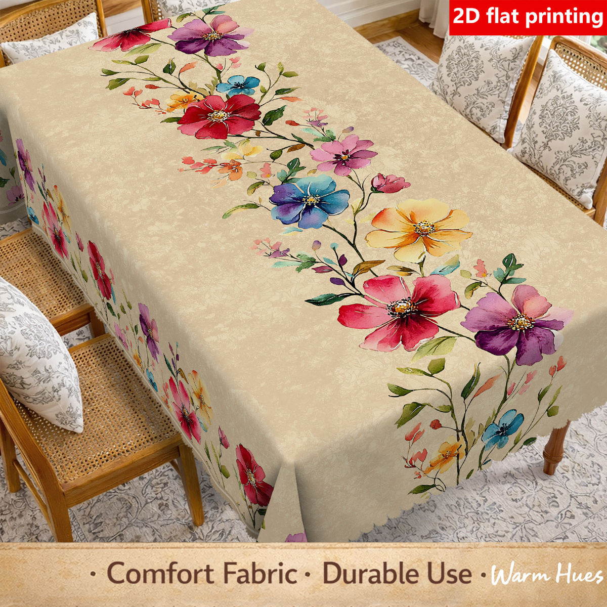 TEMU 2d Flat Printing, 1pc Beige Watercolor Floral Tablecloth, Durable Polyester, Vintage Pattern, Elegant Garden Flower Print, Farmhouse Country
