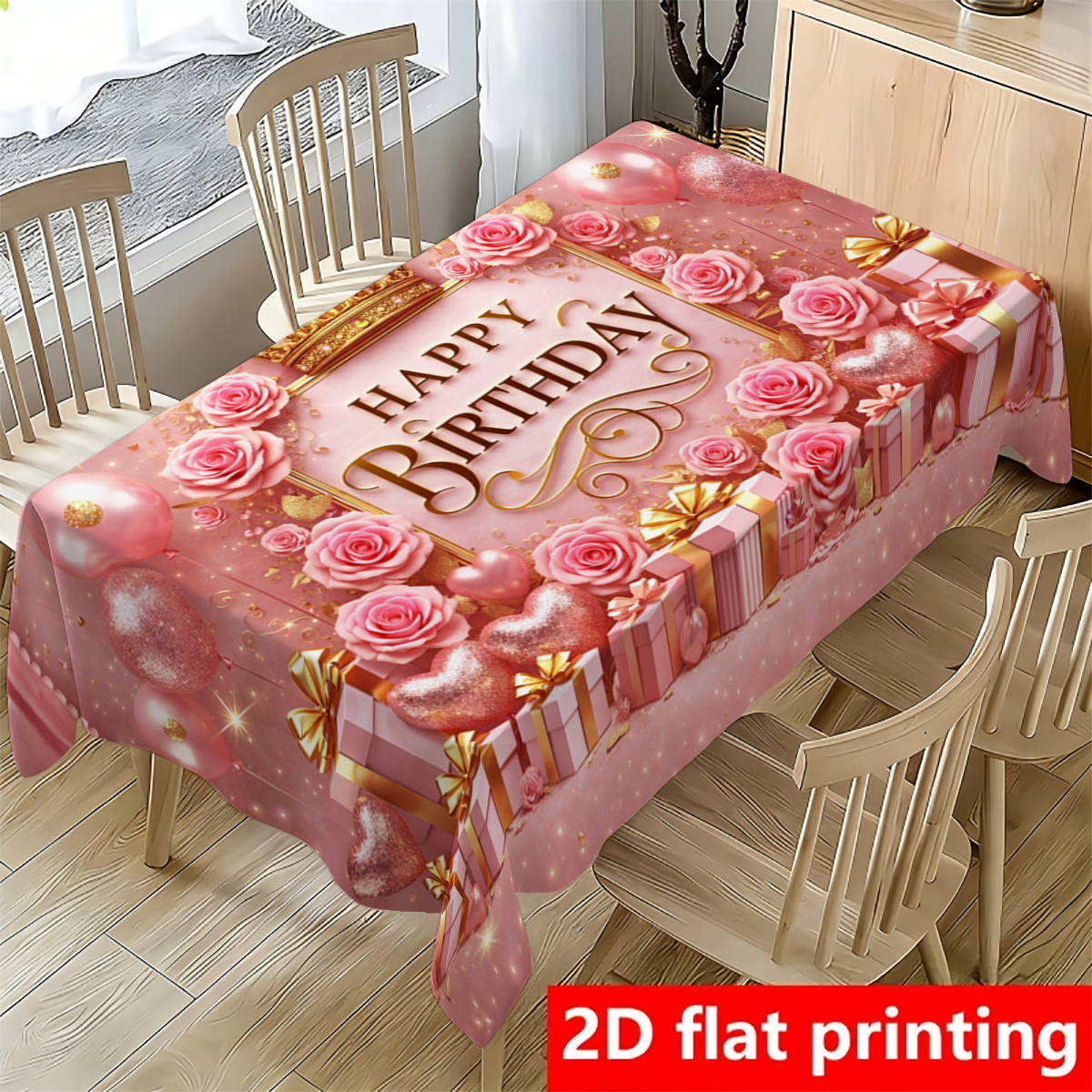 TEMU 1pc 2d And Golden Rose Balloon Gift Box Style Tablecloth, With Heart-shaped Crown And 