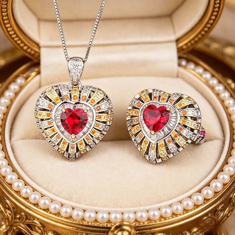 Women's Two Tone Golden Heart Adjustable Ring & Necklace Set