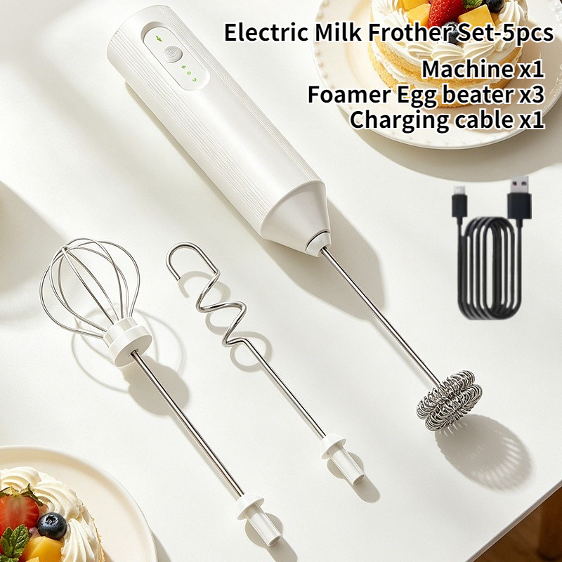 TEMU 5pcs Electric Whisk Set (machine X1, Foam Whisk X3, Charging Cable X1) - Rechargeable Electric Milk Frother, Handheld Milk Frother Machine For