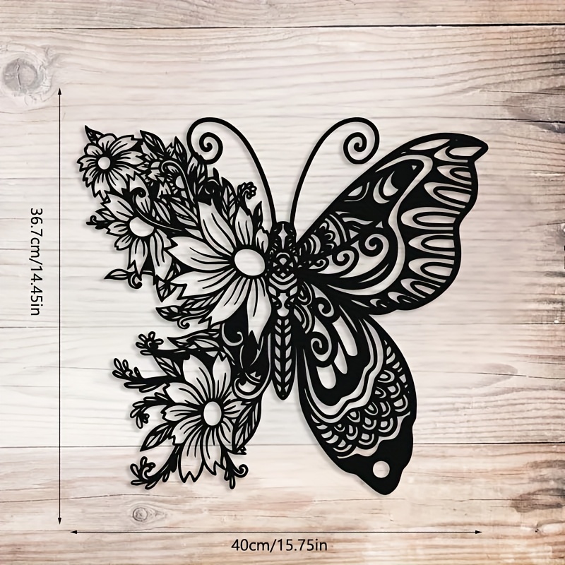 TEMU 1pc Large Black & White Metal Wall Art - Black Iron Large-scale Floral & Wing Patterns, Horizontal/vertical Hanging Sculpture For Indoor/outdoor