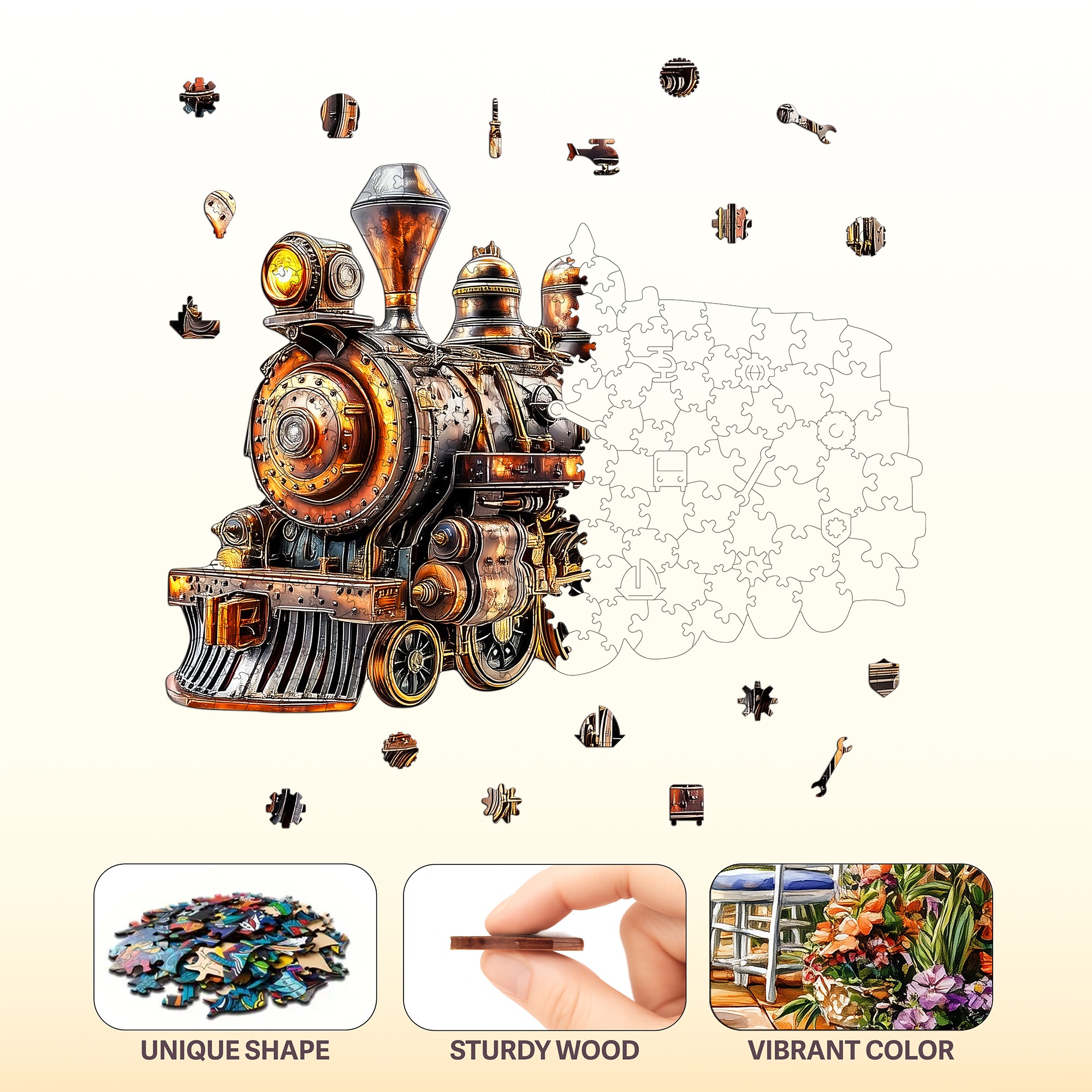 Steampunk Train Wooden Jigsaw Puzzle in Various Sizes