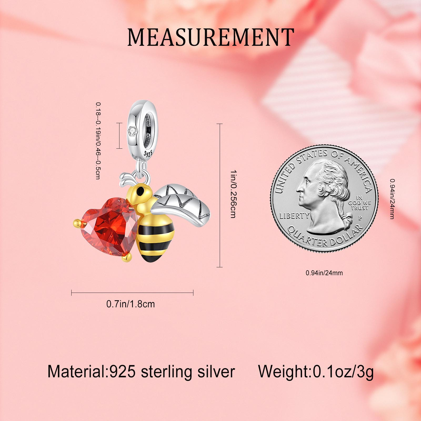 Women's S925 Sterling Silver Enamel Bee Red Heart Charm, DIY