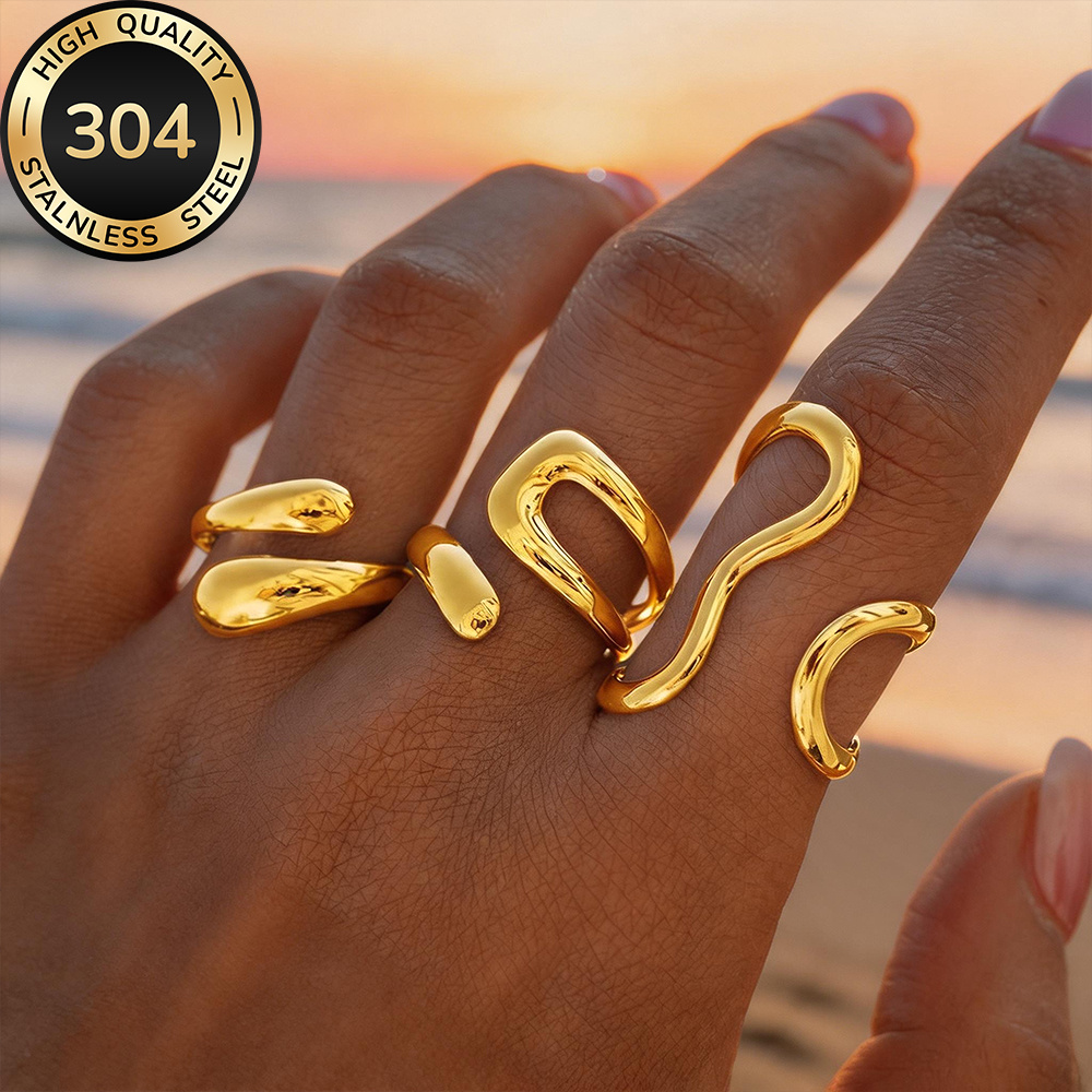 TEMU 3pcs High-quality 304 Stainless Steel Golden Set For Women, Kc, Hypoallergenic, Fade-resistant, Comfortable And Versatile, Simple And Elegant,
