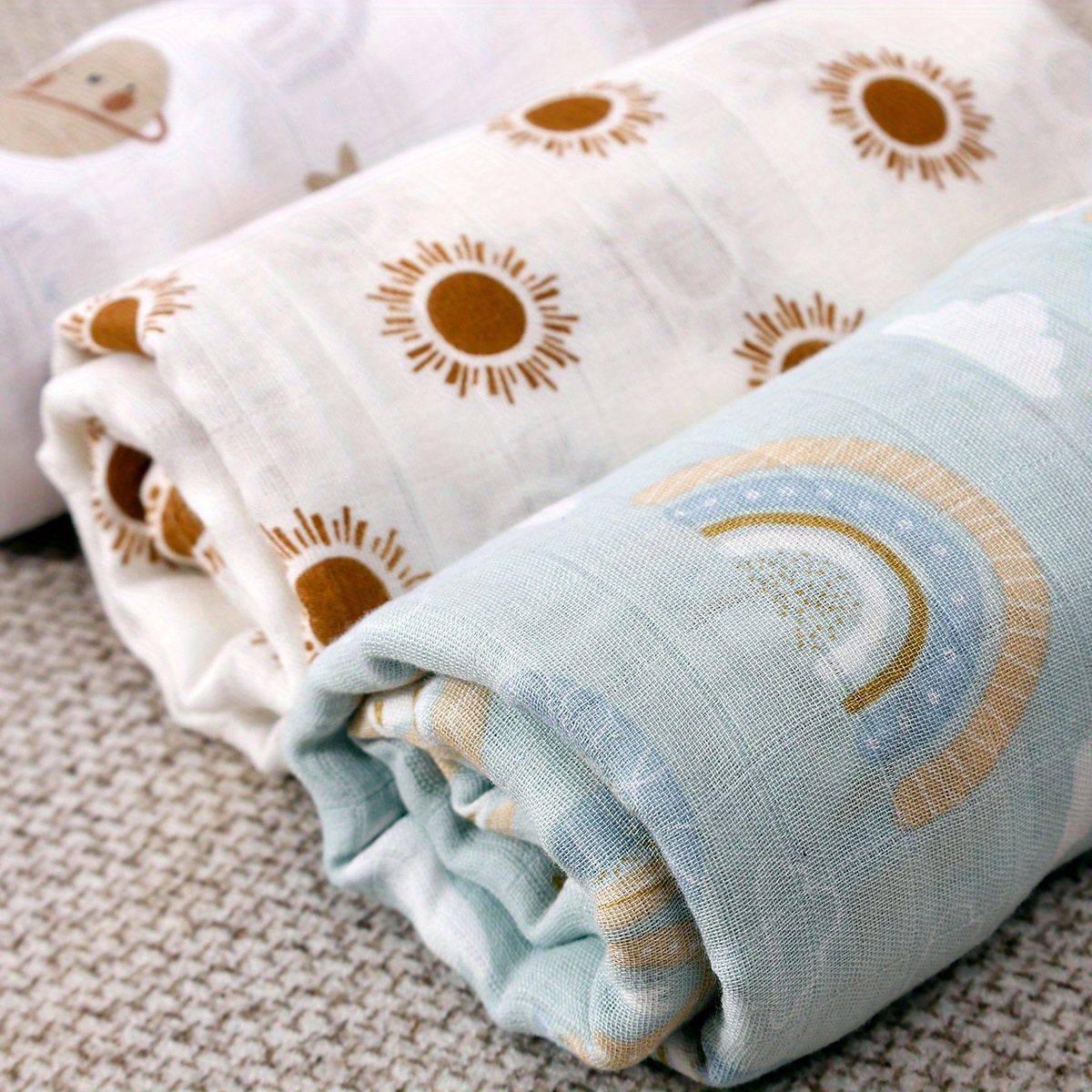 3PCS Sun Rainbow Pattern Soft Receiving Blanket Muslin Baby Blankets