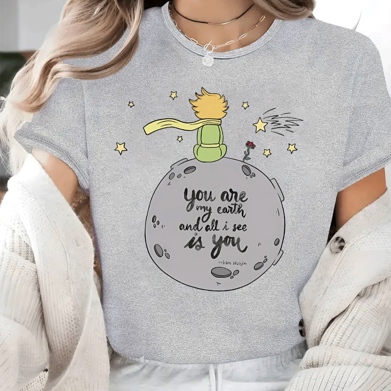 

Cartoon Prince & Graphic Tee - Casual Crew Neck Short Sleeve Top For Women, , , Ladies Clothing