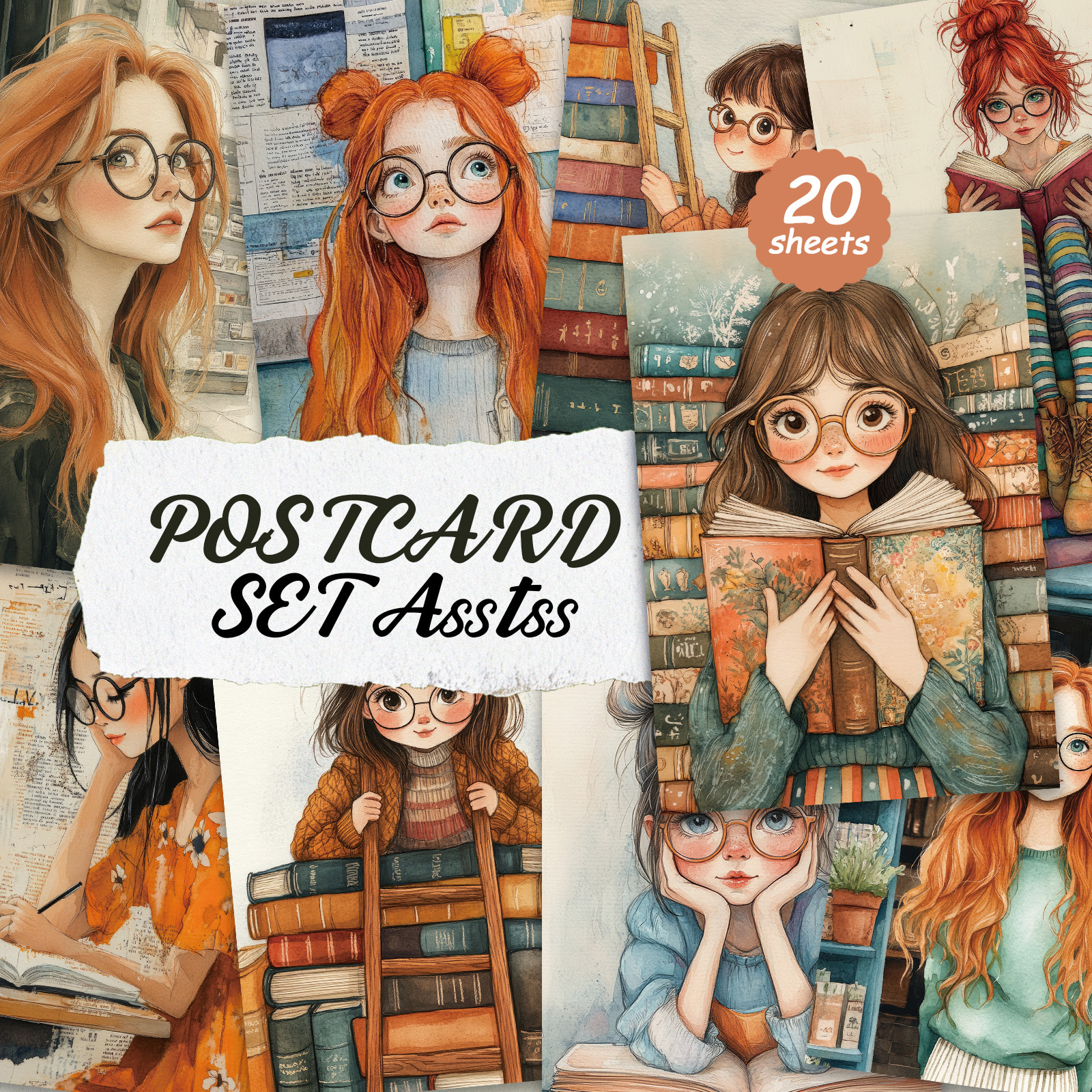 TEMU 20 piezas ASSTSS (para solicitudes de personalización: , que el de varíe) Paquete de 20 postales vintage de chica con libro - retro adecuadas