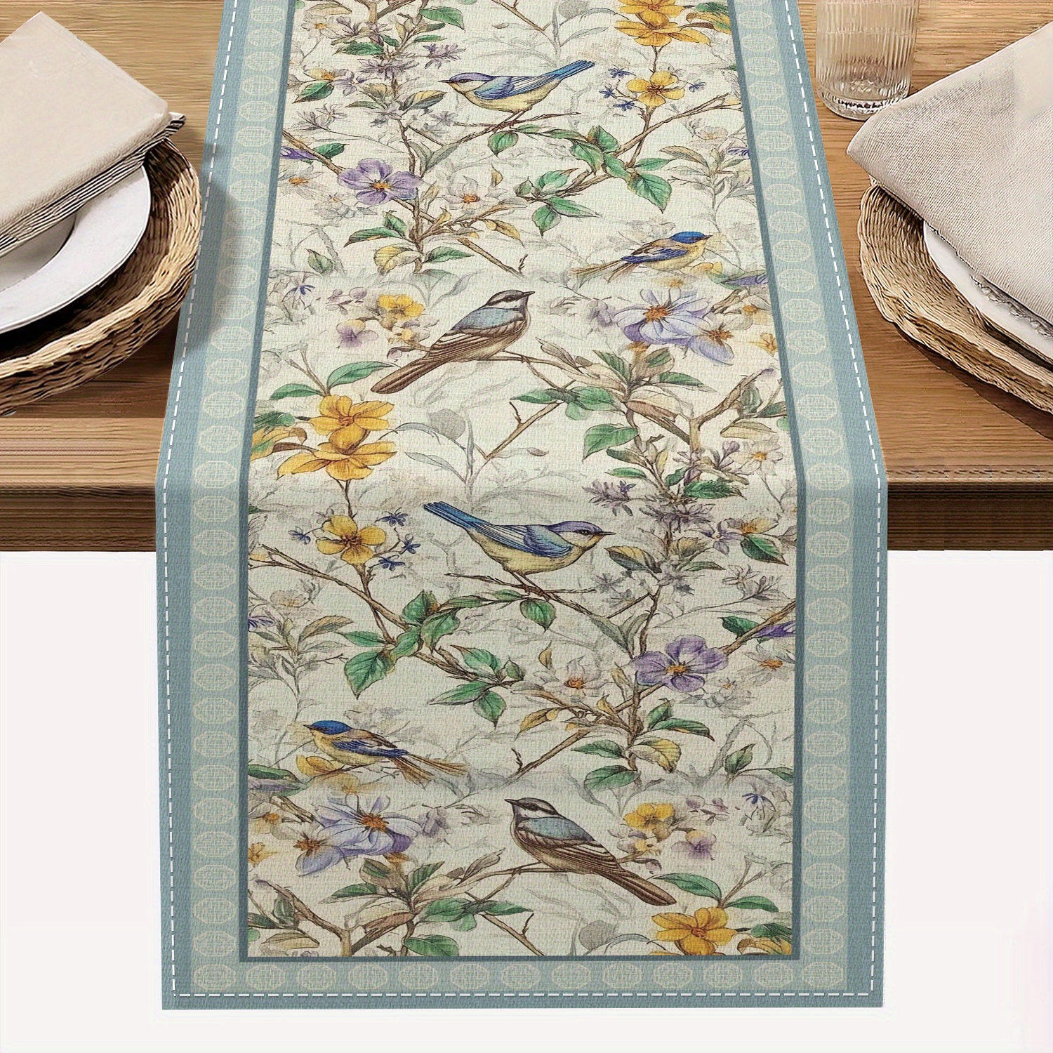 

1pc Spring Floral Table Runner - Polyester Woven Rectangular Table Decor With Blue Birds And Flowers Design For , 13x72 Inch, Dining Table Decoration