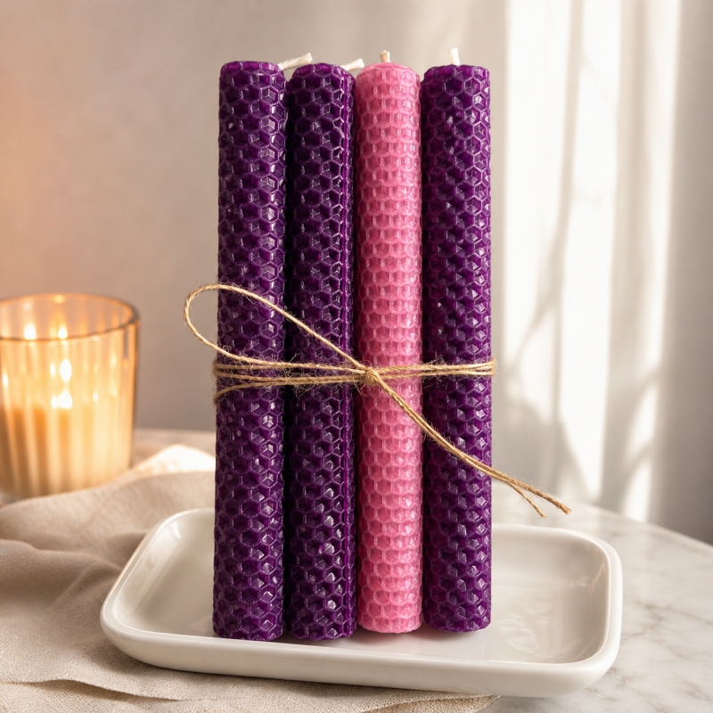 TEMU Premium Beeswax Advent Candle Set Of 4, Honeycomb Textured Taper Candles, 3 Purple 1 Pink Traditional Candles, Christmas Religious Decor,